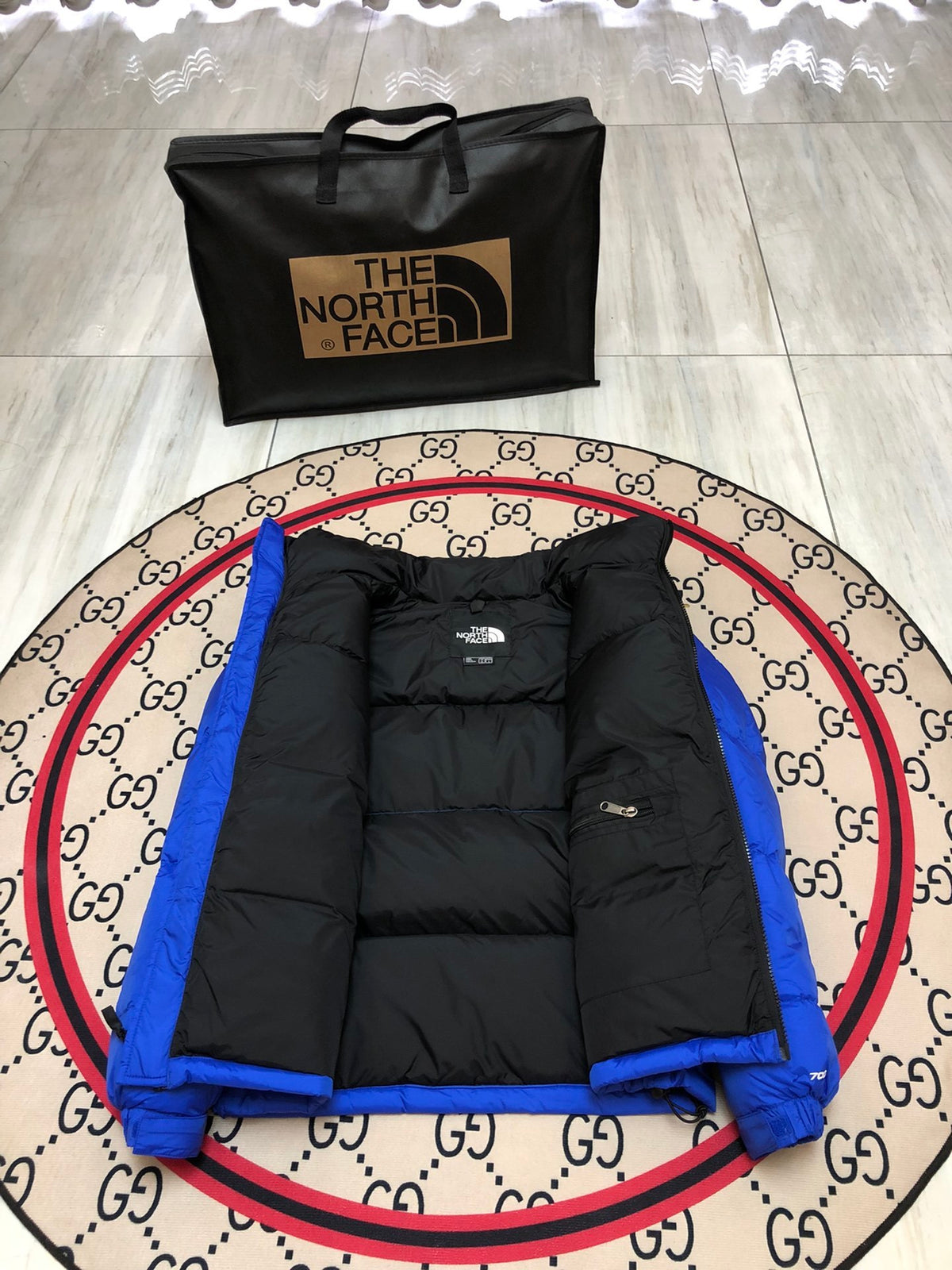 The North Face Royal Blue and Black Color-Block Puffer Jacket