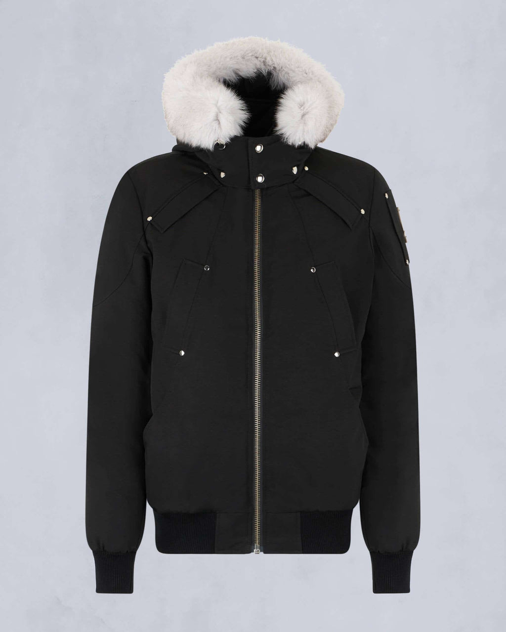 Moose Knuckles Black Hooded Bomber Jacket with White Plush Trim