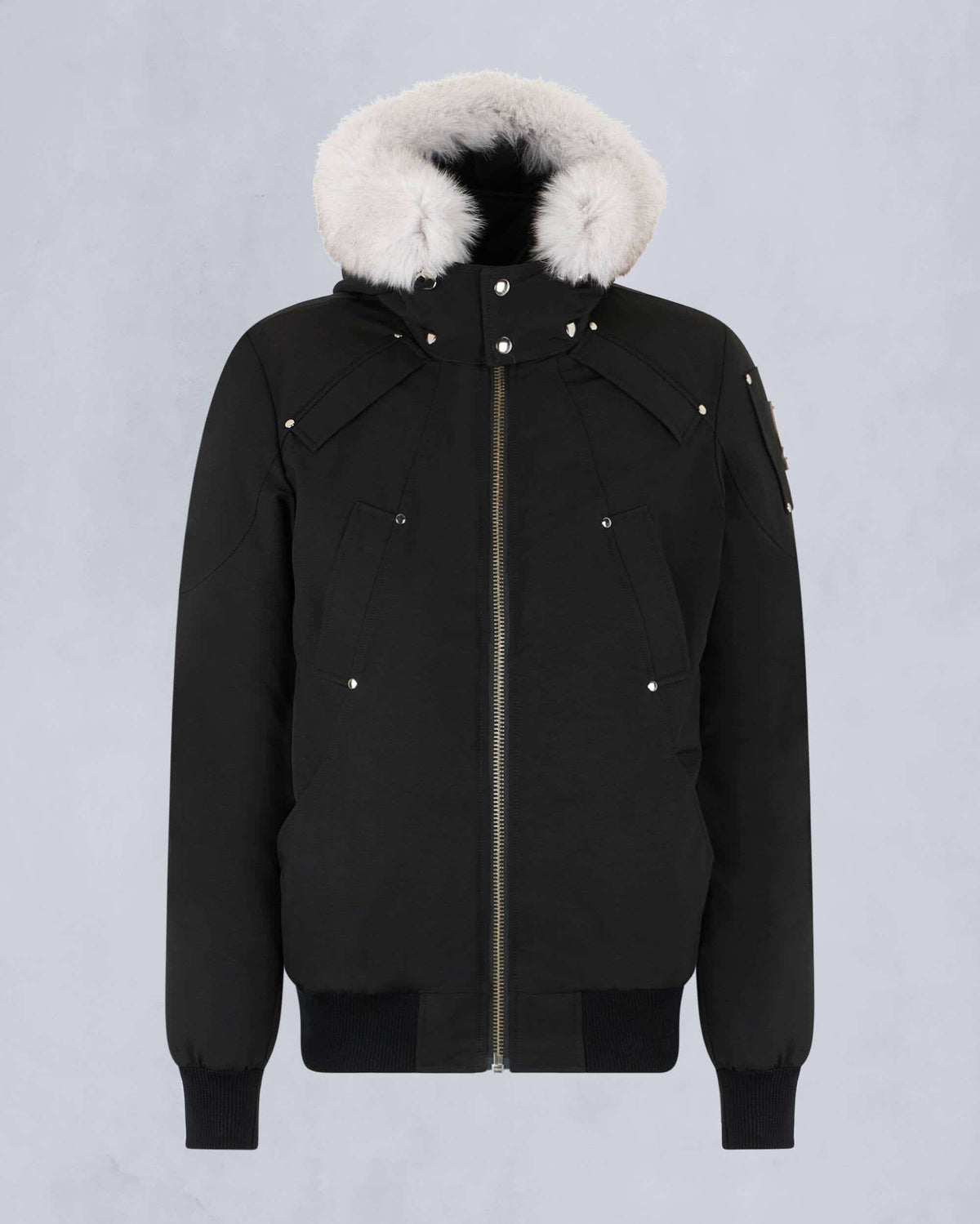 Moose Knuckles Black Hooded Bomber Jacket with White Plush Trim