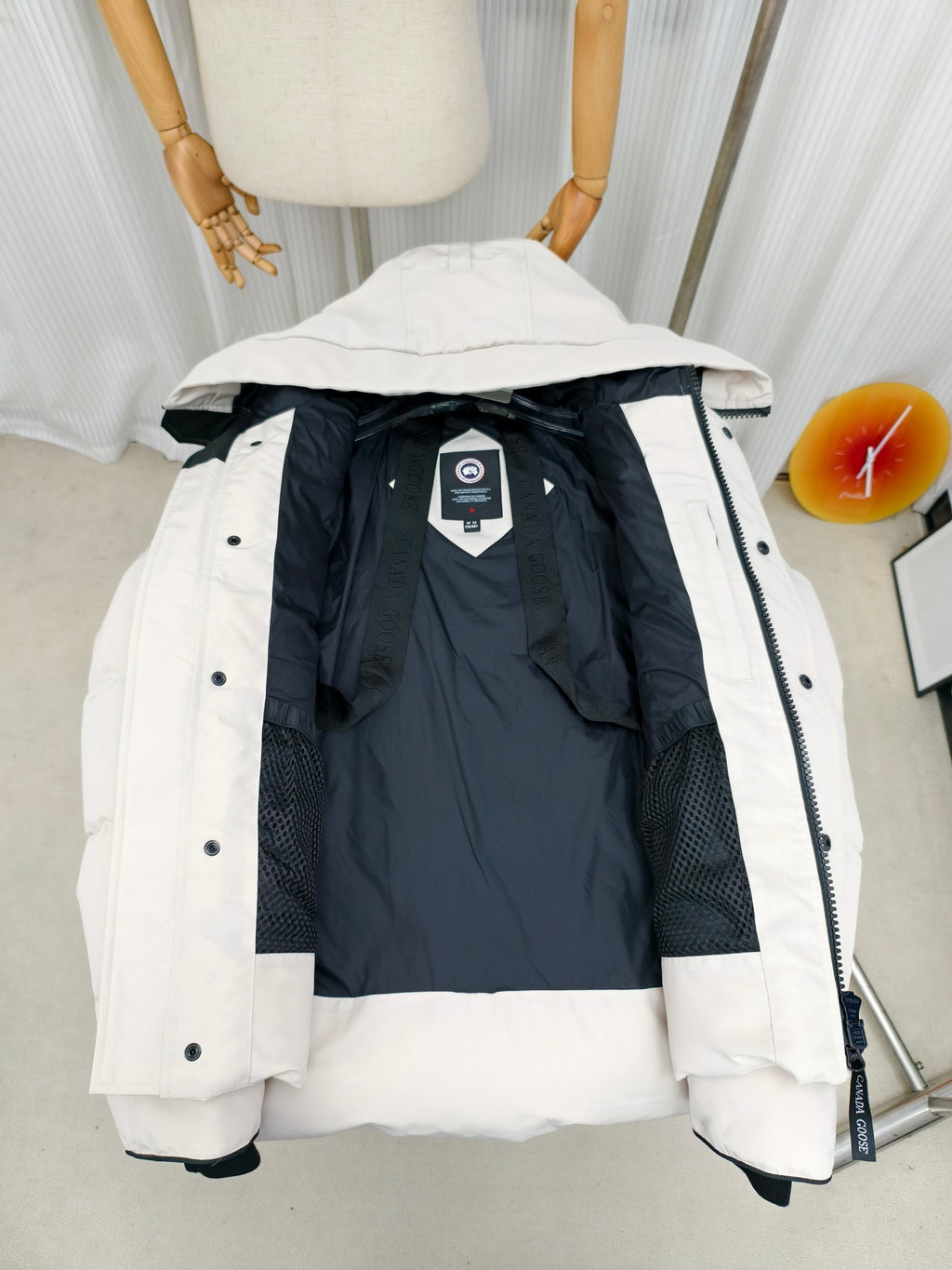 Canada Goose White Hooded Puffer Jacket with Plush Trim