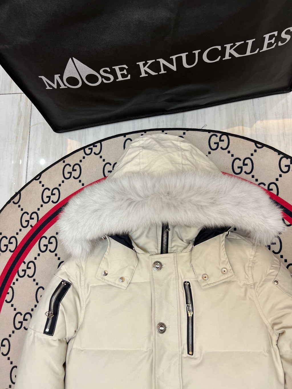 Moose Knuckles Ivory White Hooded Quilted Puffer Jacket with Plush Trim