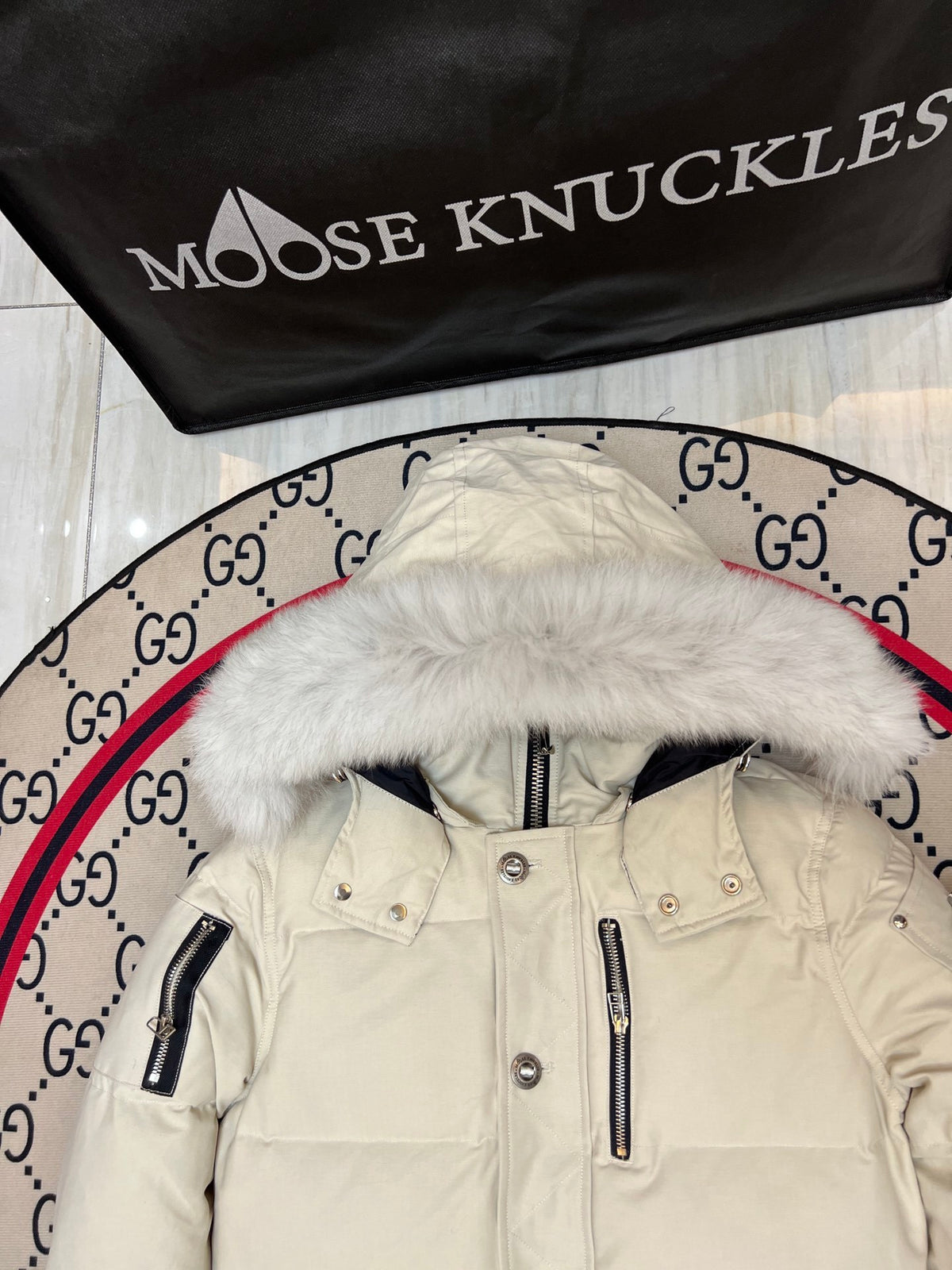 Moose Knuckles Ivory White Hooded Quilted Puffer Jacket with Plush Trim
