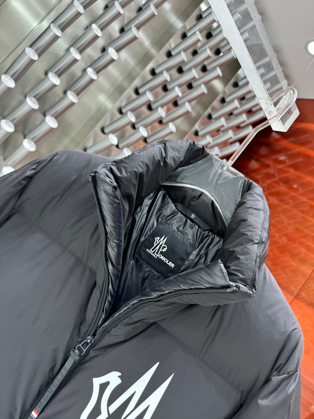 Moncler Charcoal Gray Stand-Collar Logo Puffer Jacket