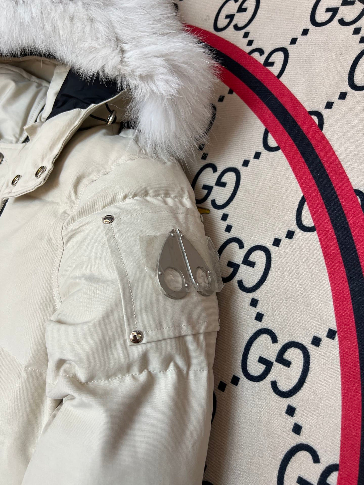 Moose Knuckles Ivory White Hooded Quilted Puffer Jacket with Plush Trim