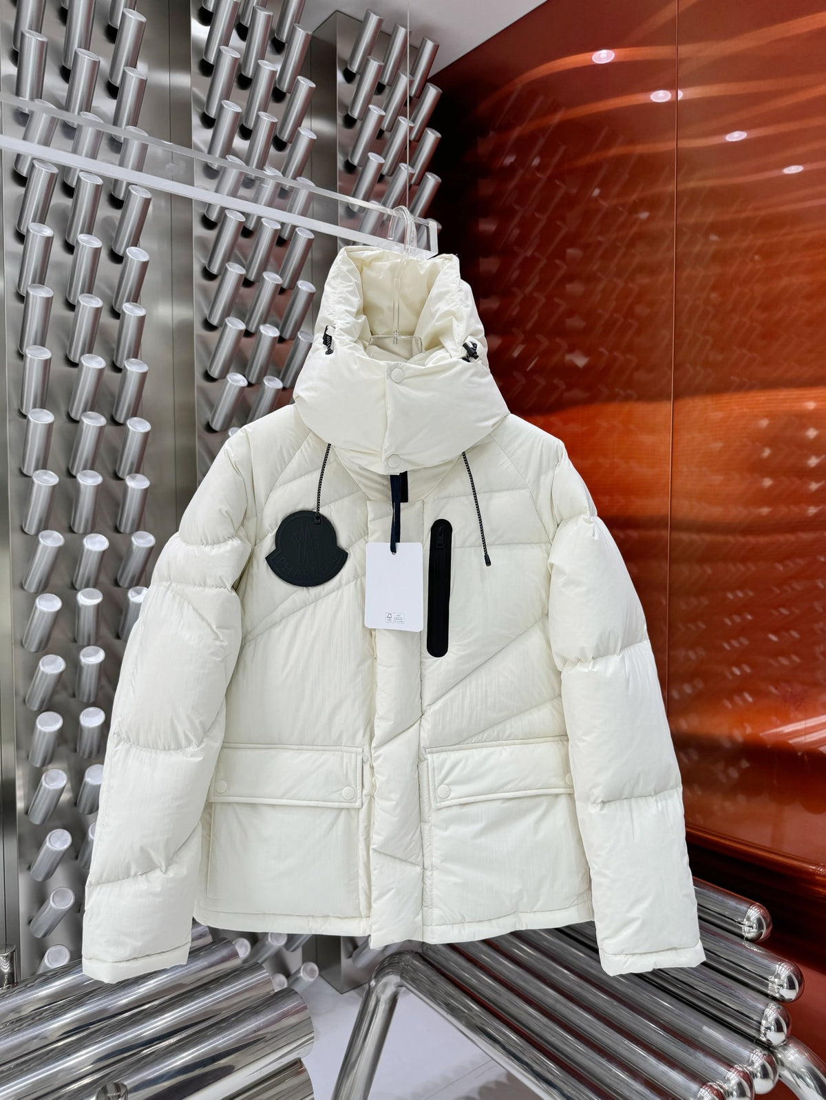 Moncler White Hooded Puffer Jacket with Black Logo Patch