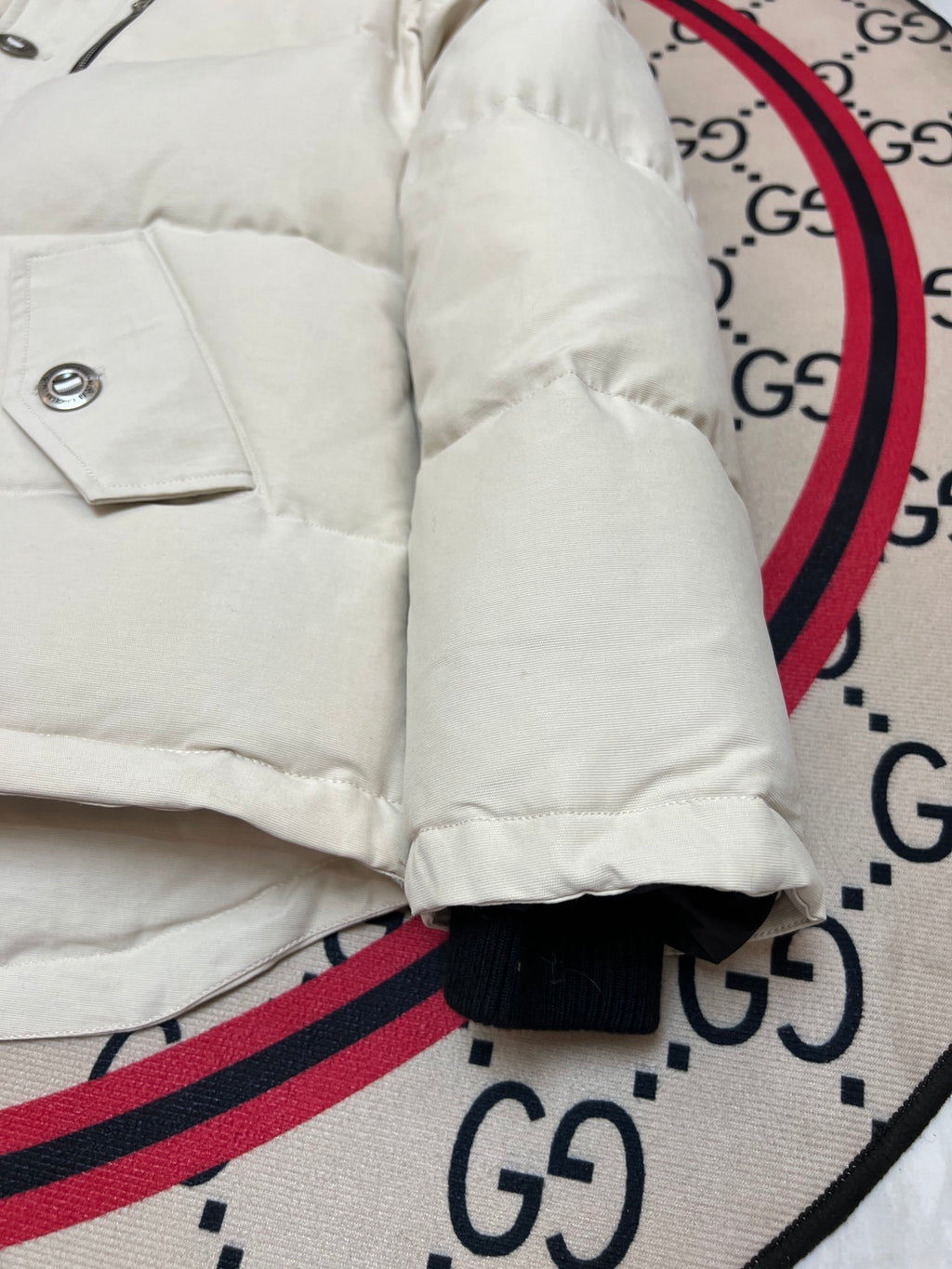 Moose Knuckles Ivory White Hooded Quilted Puffer Jacket with Plush Trim