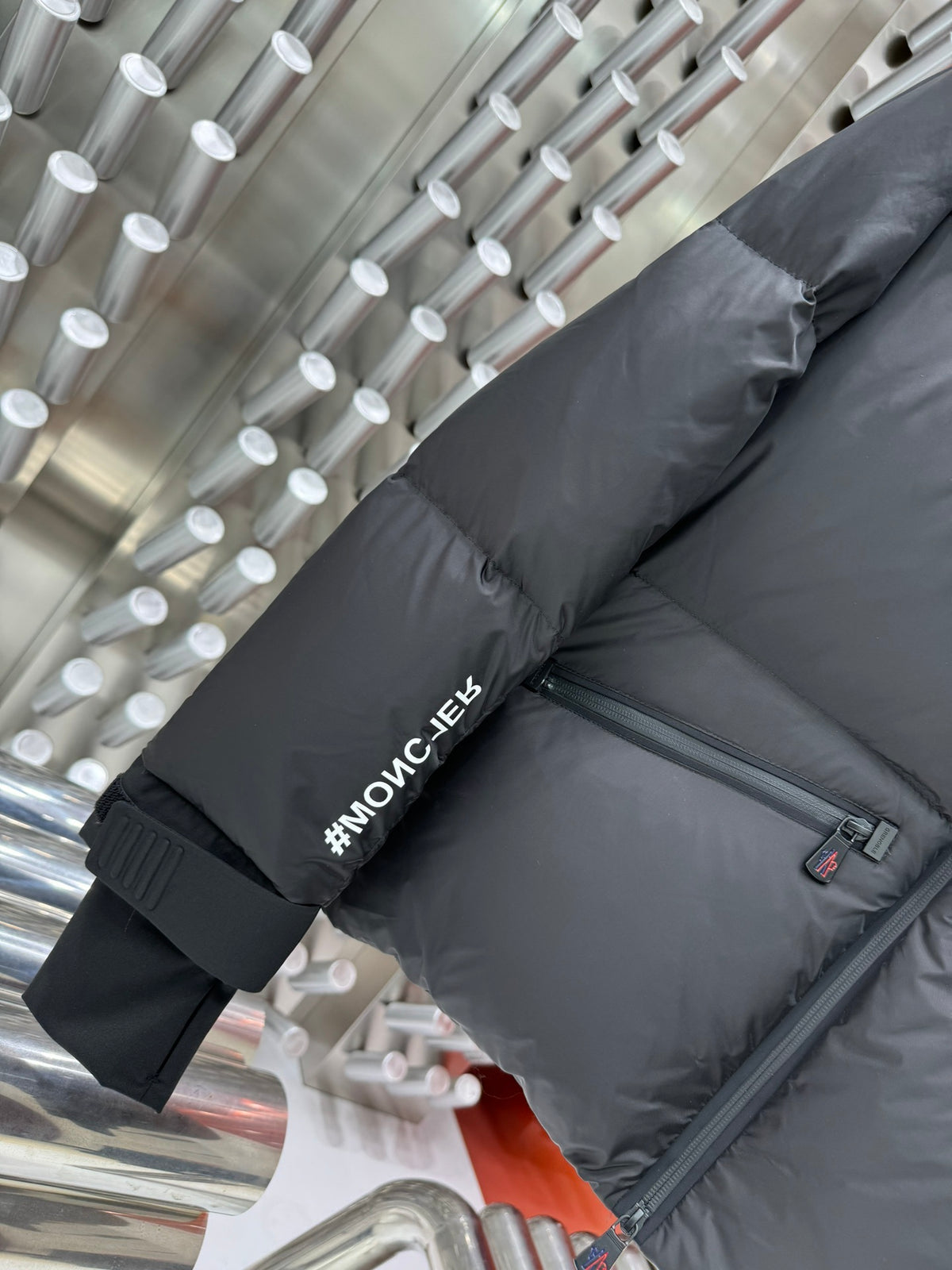 Moncler Charcoal Gray Stand-Collar Logo Puffer Jacket