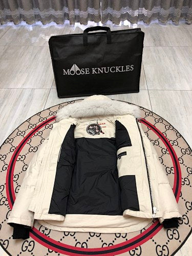 Moose Knuckles Ivory White Hooded Quilted Puffer Jacket with Plush Trim