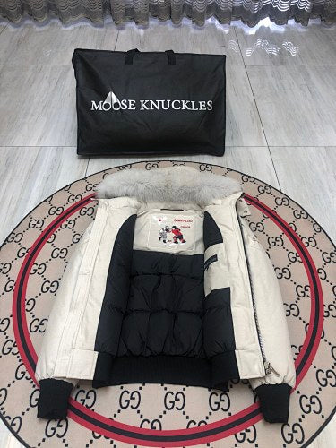 Moose Knuckles Ivory Hooded Bomber Jacket