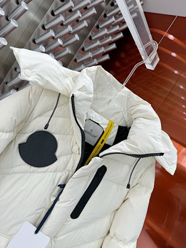 Moncler White Hooded Puffer Jacket with Black Logo Patch