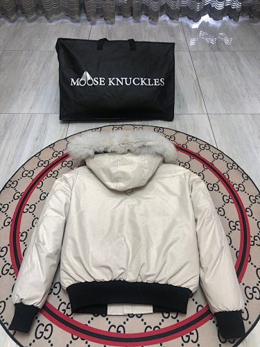 Moose Knuckles Ivory Hooded Bomber Jacket