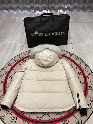 Moose Knuckles Ivory White Hooded Quilted Puffer Jacket with Plush Trim