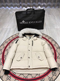 Moose Knuckles Ivory White Hooded Quilted Puffer Jacket with Plush Trim