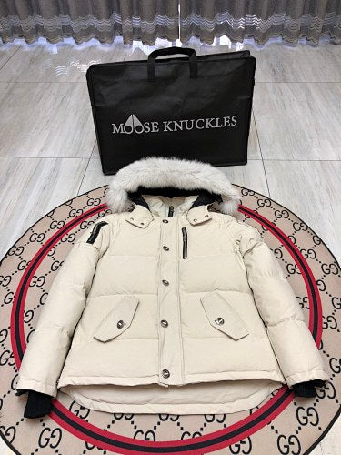 Moose Knuckles Ivory White Hooded Quilted Puffer Jacket with Plush Trim