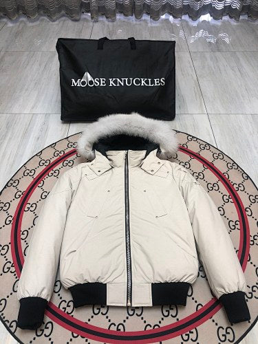 Moose Knuckles Ivory Hooded Bomber Jacket