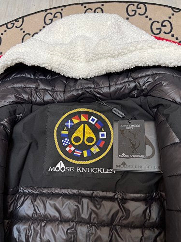 Moose Knuckles White and Black Hooded Teddy Fleece Jacket