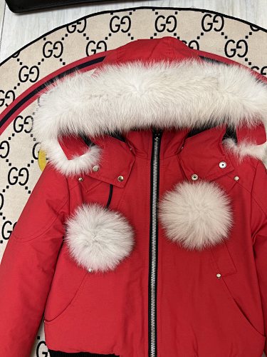 Moose Knuckles Red Cropped Hooded Bomber Jacket