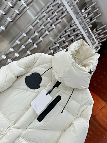 Moncler White Hooded Puffer Jacket with Black Logo Patch