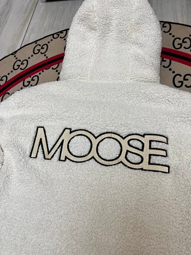 Moose Knuckles White and Black Hooded Teddy Fleece Jacket