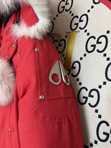 Moose Knuckles Red Cropped Hooded Bomber Jacket