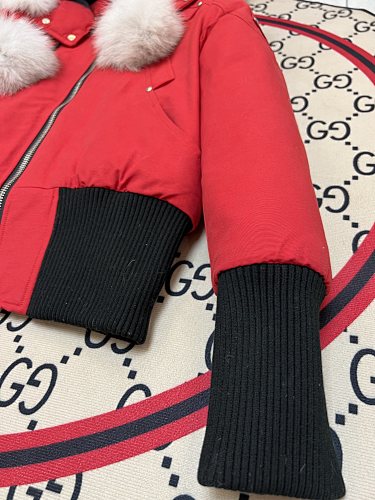 Moose Knuckles Red Cropped Hooded Bomber Jacket