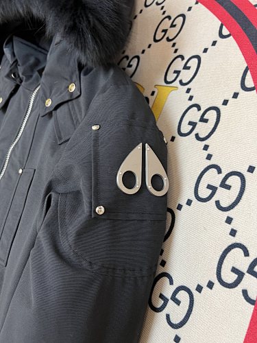 Moose Knuckles Black Hooded Bomber Jacket with White Plush Trim