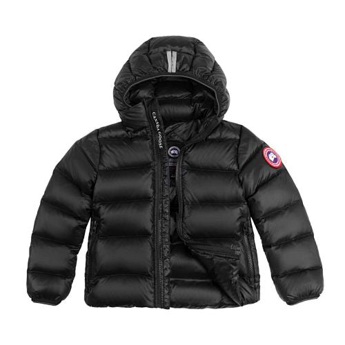 Canada Goose Black Hooded Quilted Puffer Jacket with Contrast Stripes