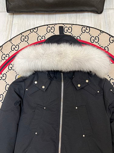 Moose Knuckles Black Hooded Bomber Jacket with White Plush Trim