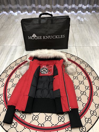 Moose Knuckles Red Cropped Hooded Bomber Jacket