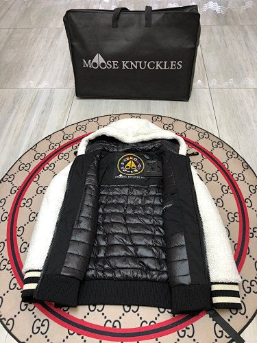 Moose Knuckles White and Black Hooded Teddy Fleece Jacket