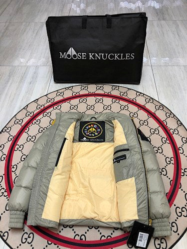 Moose Knuckles Sage Green Stand-Collar Quilted Puffer Jacket
