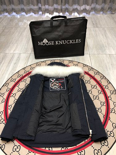 Moose Knuckles Navy Blue Hooded Puffer Jacket