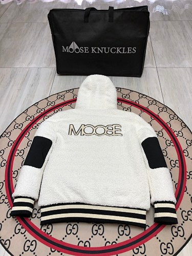 Moose Knuckles White and Black Hooded Teddy Fleece Jacket