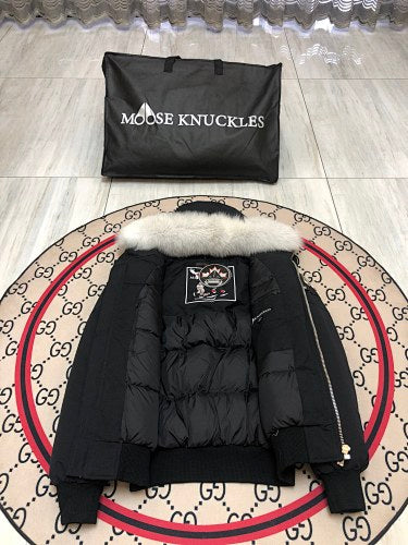 Moose Knuckles Black Hooded Bomber Jacket with White Plush Trim