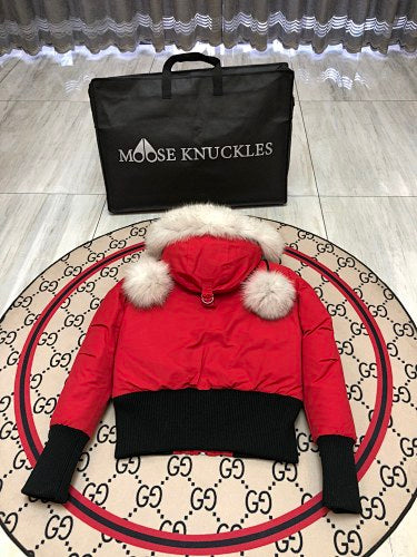 Moose Knuckles Red Cropped Hooded Bomber Jacket