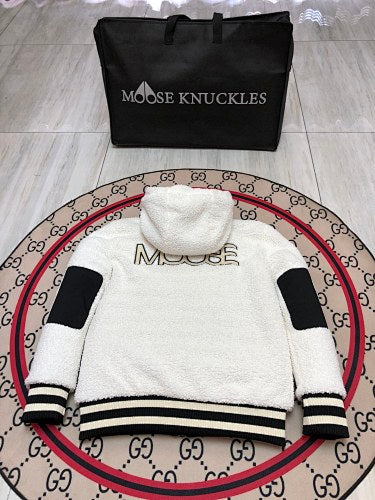 Moose Knuckles White and Black Hooded Teddy Fleece Jacket