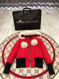 Moose Knuckles Red Cropped Hooded Bomber Jacket
