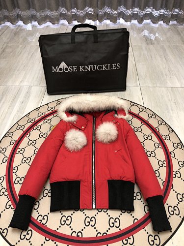 Moose Knuckles Red Cropped Hooded Bomber Jacket