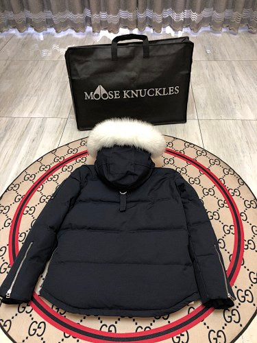 Moose Knuckles Navy Blue Hooded Puffer Jacket