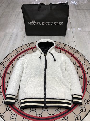 Moose Knuckles White and Black Hooded Teddy Fleece Jacket