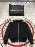 Moose Knuckles Black Hooded Bomber Jacket with White Plush Trim
