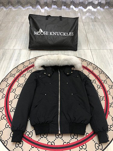Moose Knuckles Black Hooded Bomber Jacket with White Plush Trim