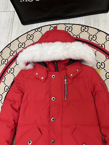 Moose Knuckles Red Hooded Quilted Puffer Jacket with White Plush Trim