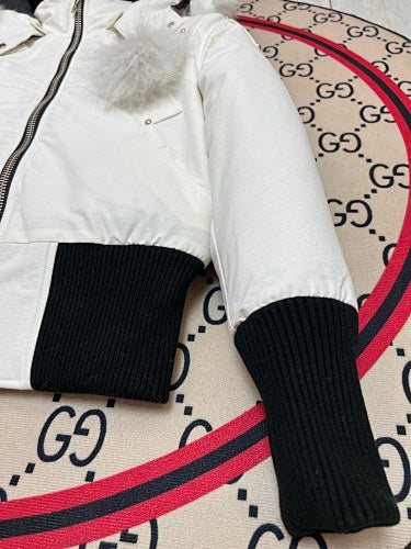 Moose Knuckles White Cropped Hooded Bomber Jacket with Pom-Poms