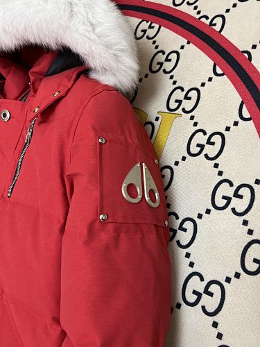 Moose Knuckles Red Hooded Quilted Puffer Jacket with White Plush Trim