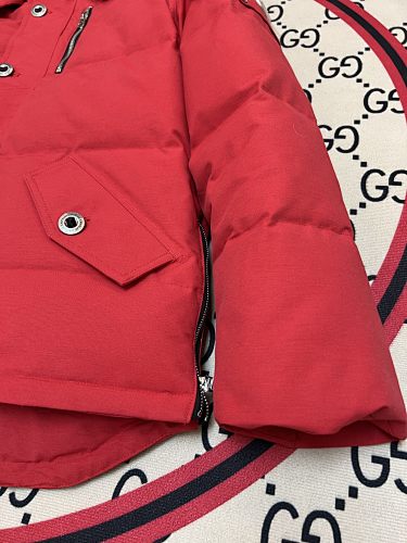 Moose Knuckles Red Hooded Quilted Puffer Jacket with White Plush Trim