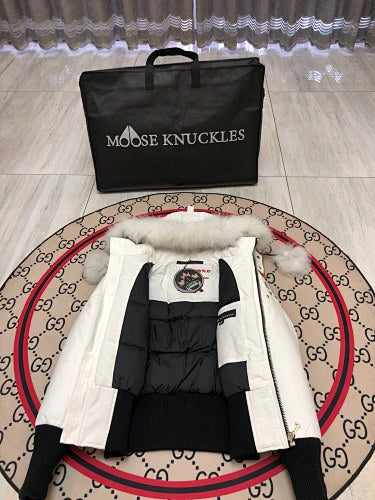Moose Knuckles White Cropped Hooded Bomber Jacket with Pom-Poms
