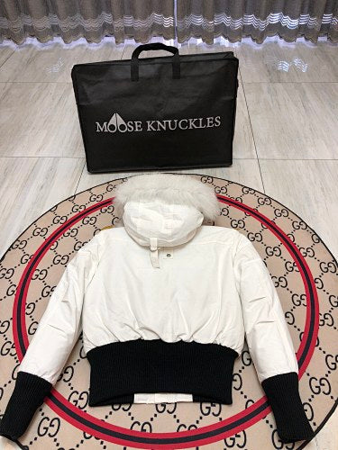 Moose Knuckles White Cropped Hooded Bomber Jacket with Pom-Poms