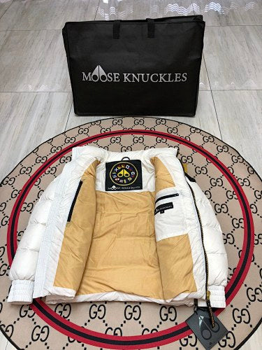 Moose Knuckles White Stand-Collar Puffer Jacket