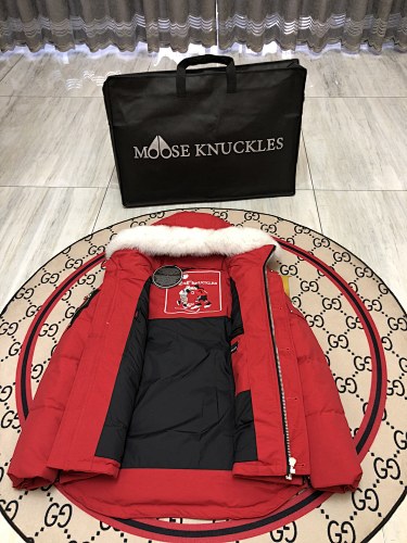 Moose Knuckles Red Hooded Quilted Puffer Jacket with White Plush Trim